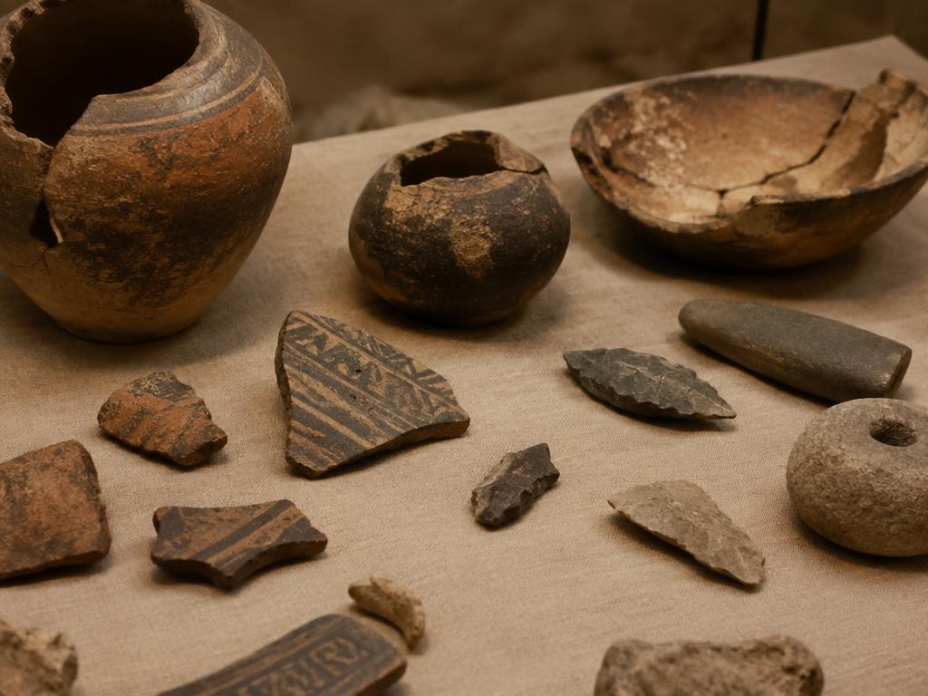 Cerámica antigua y herramientas de piedra sobre lino