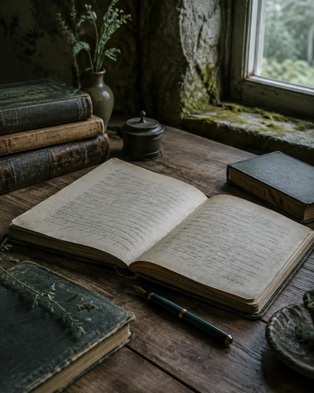 Cuaderno abierto y libros junto a una ventana, un espacio de lectura e investigación